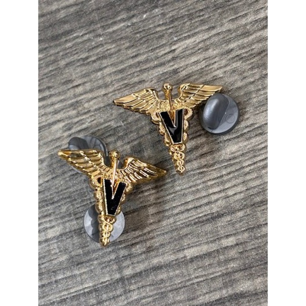 Gold Tone Veterinary Caduceus Lapel Pins Cuff Links Black Enamel V Set of 2